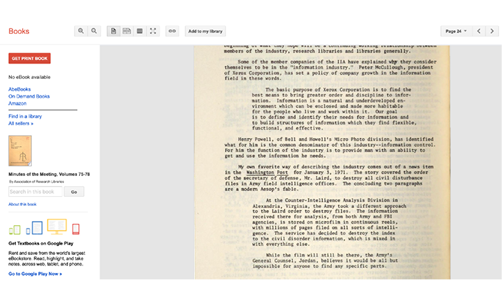 creenshot of Google Books interface with page from 1970 Minutes of theMeeting, Volumes 75-78 by Association of Research Libraries.